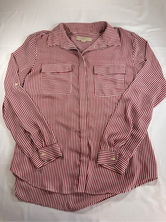 LOFT Tops - LOFT Women’s Medium Red White Stripe Utility Blouse Roll Tab Long Sleeve Top